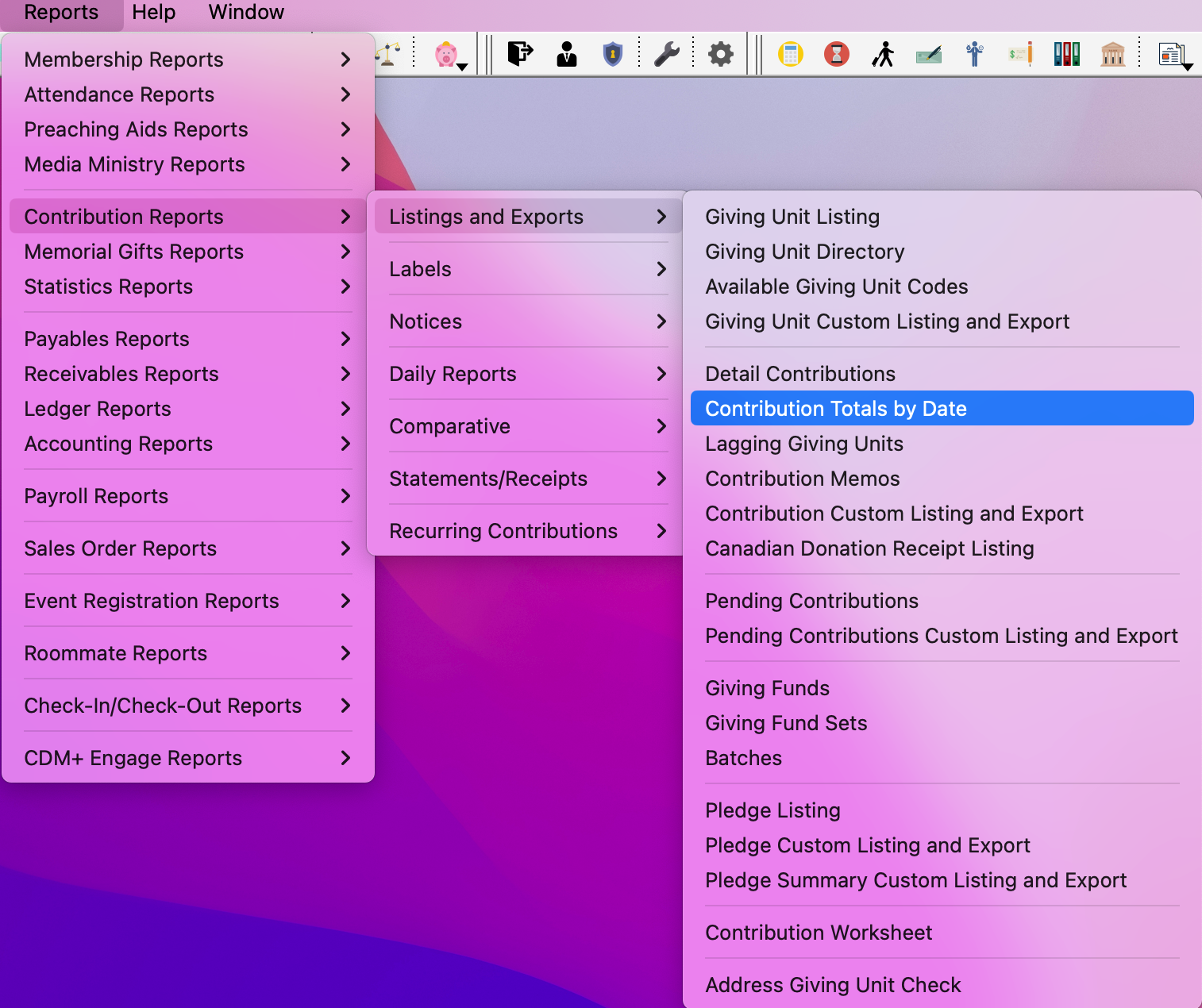 Navigation path to the Contribution Totals by Date report.
