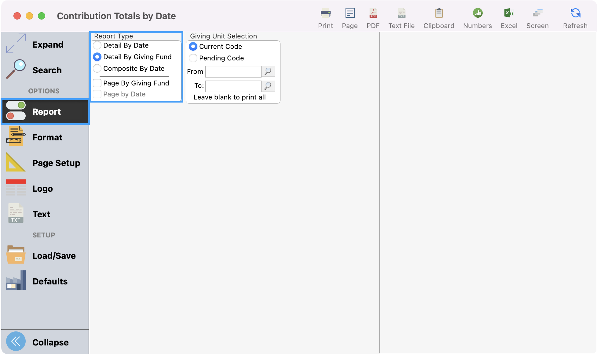 Contribution Total by Date window with Report highlighted in the left sidebar and Report type highlighted.