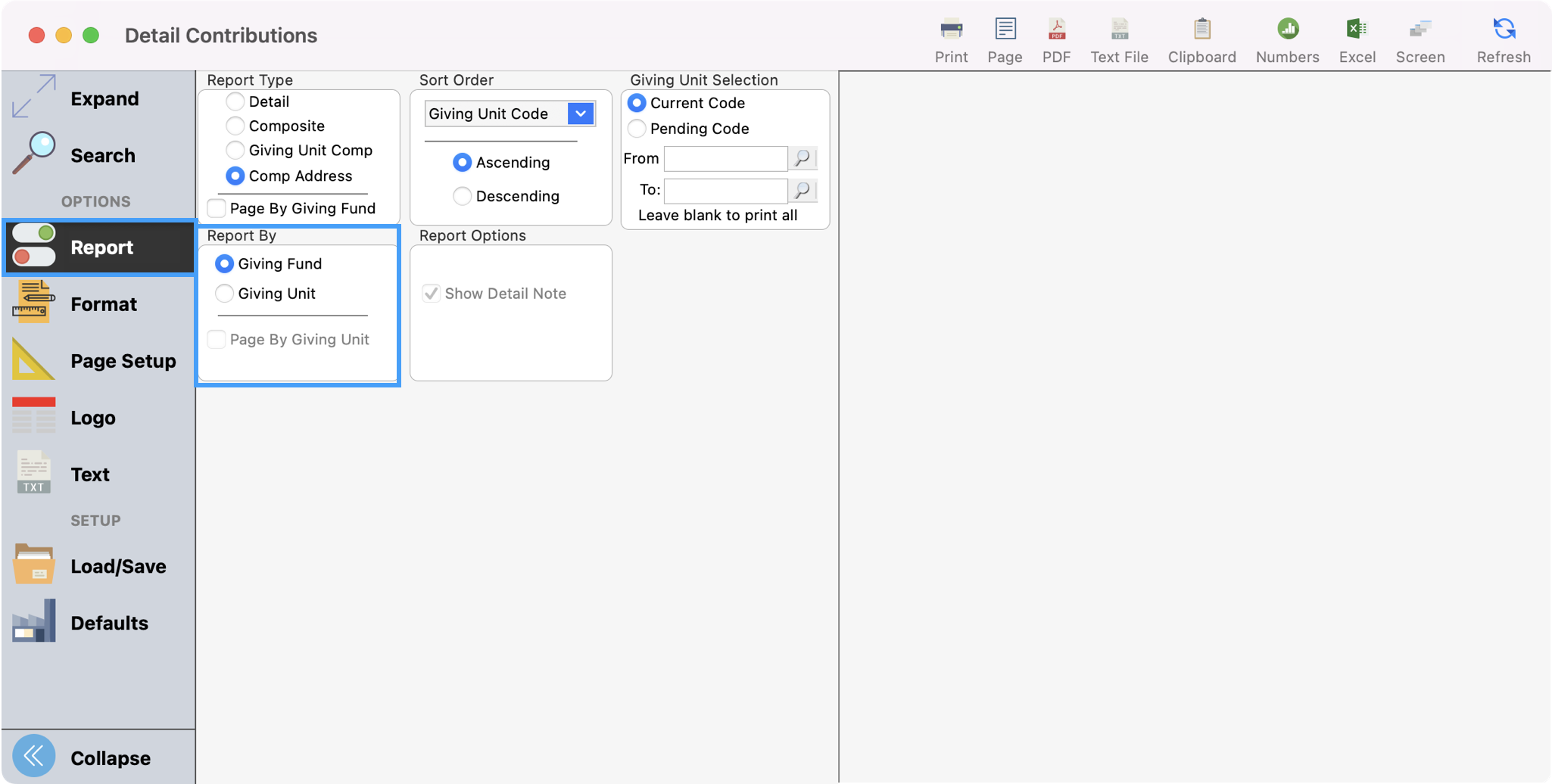 Detail Contributions window with Report highligted in the left side bar and Report by highlighted.