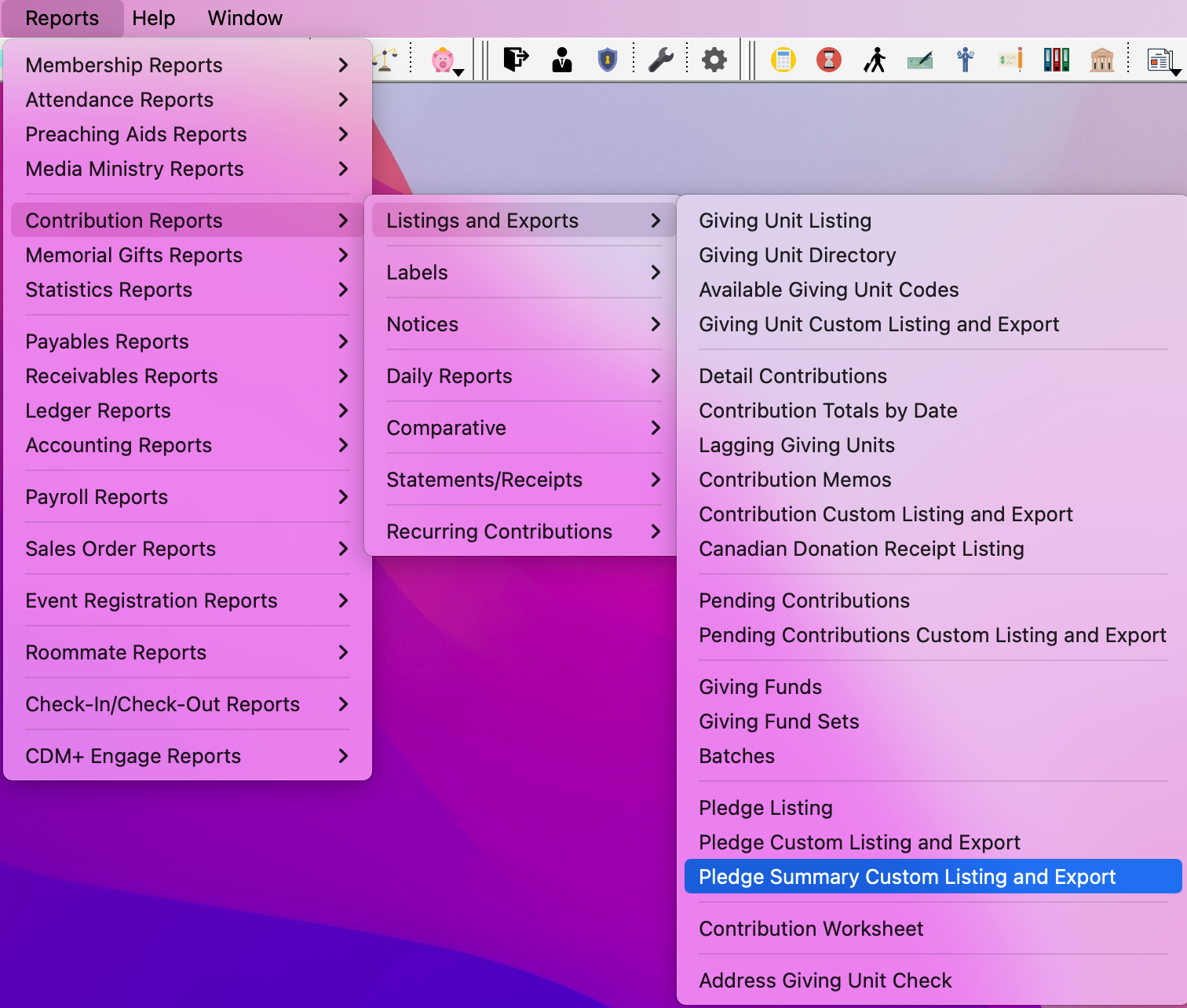 Navigation path to Pledge Summary Custom Listing and Export