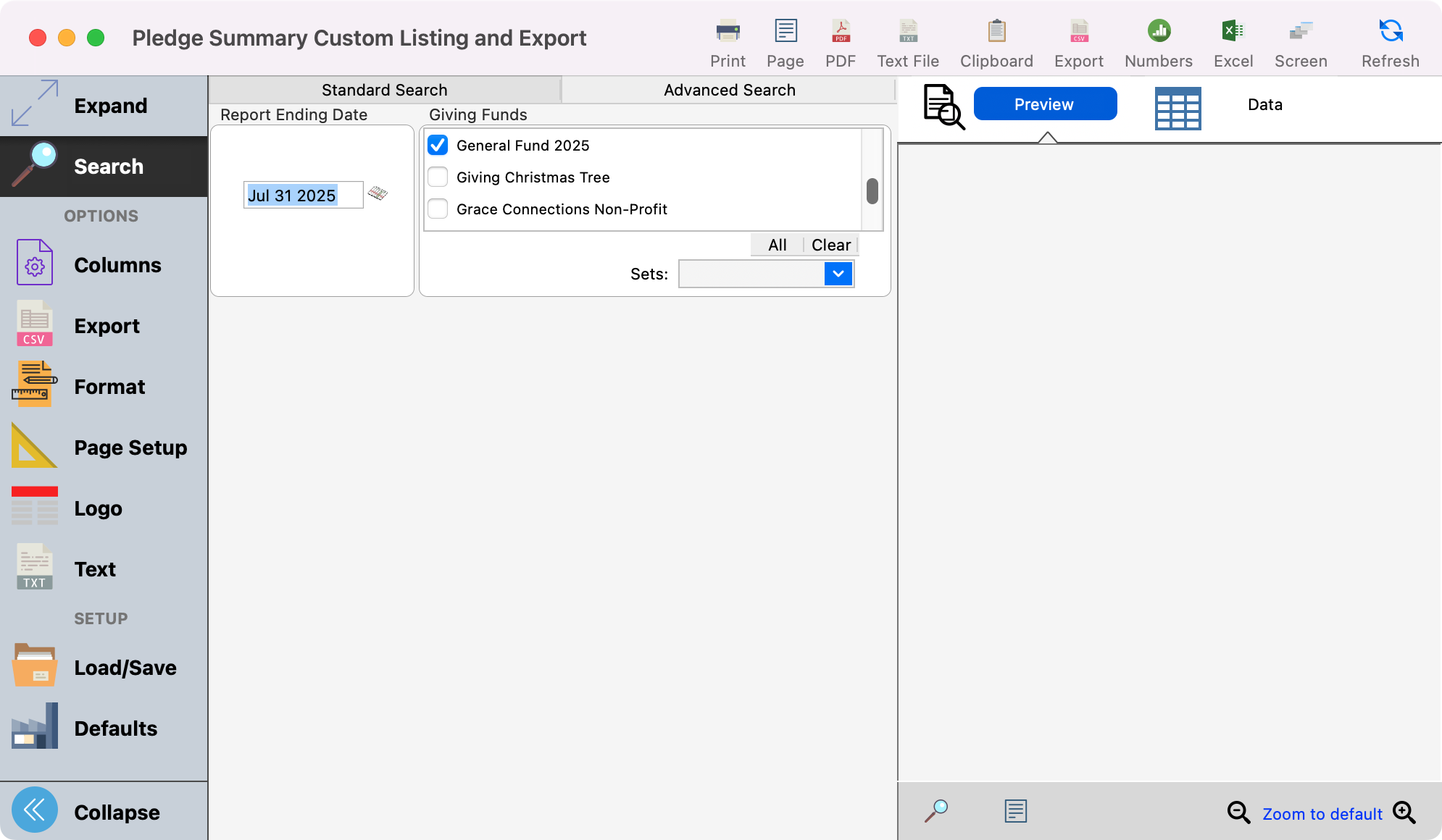 Pledge Summary Custom Listing and Export window