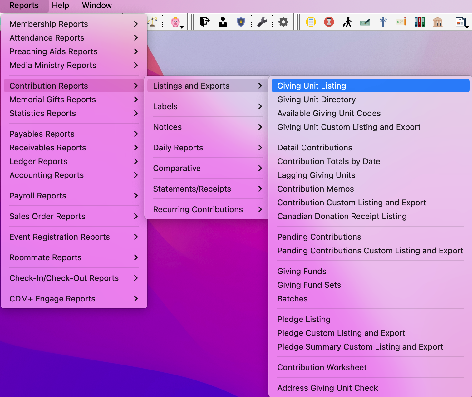 Navigation path to Giving Unit Listing