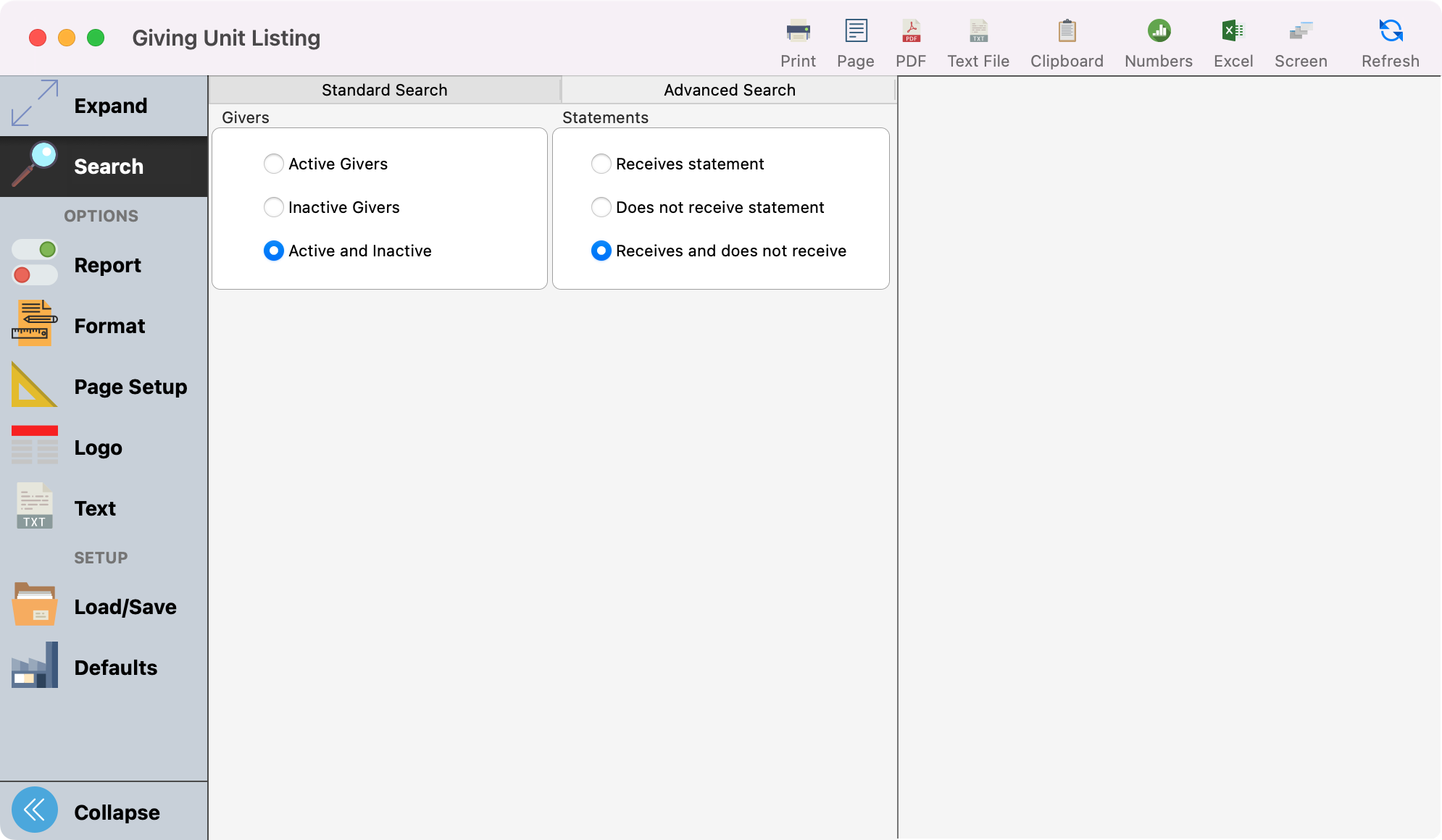 Giving Unit Listing window