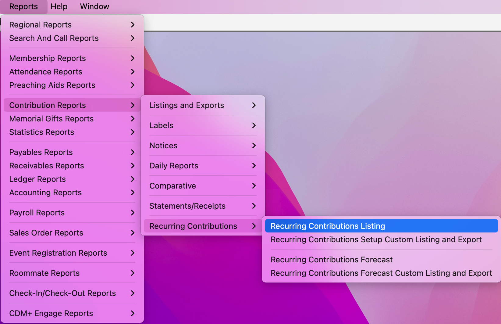 Navigation path to Recurring Contribution Listing report. 