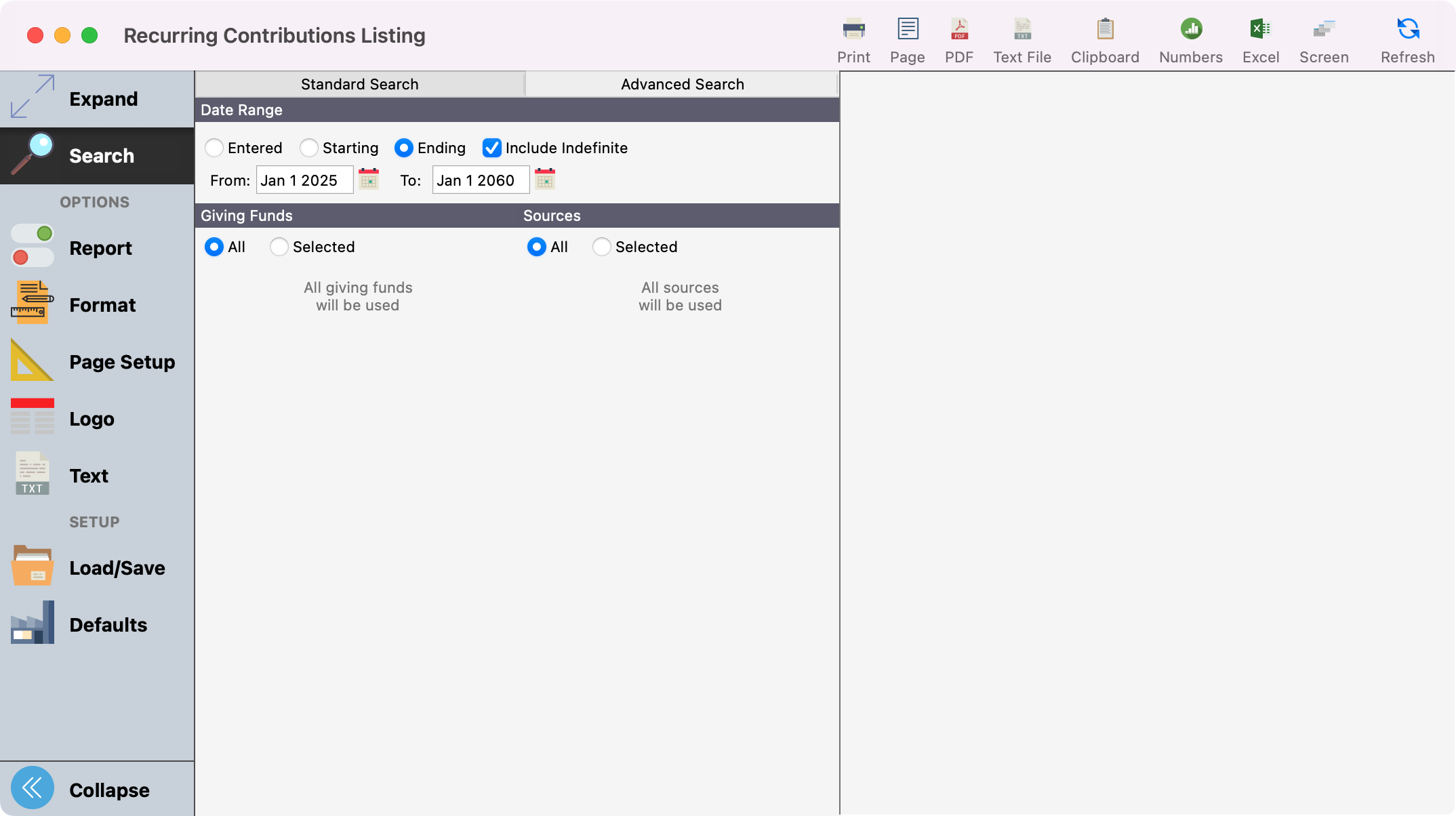 Recurring Contribution Listing window. 