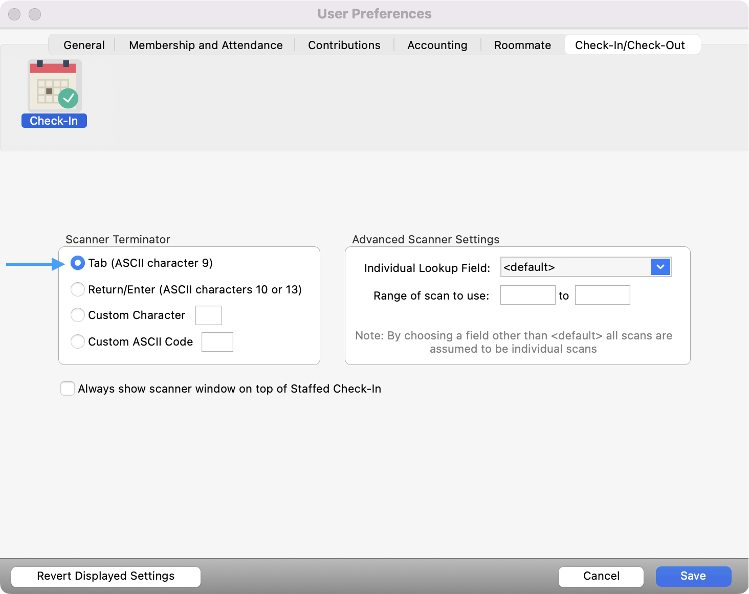 User Preference window with an arrow pointing to Tab (ASCII character 9).