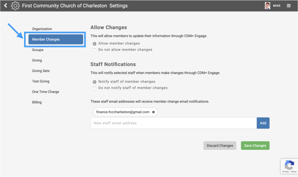 Engage Member Changes Settings