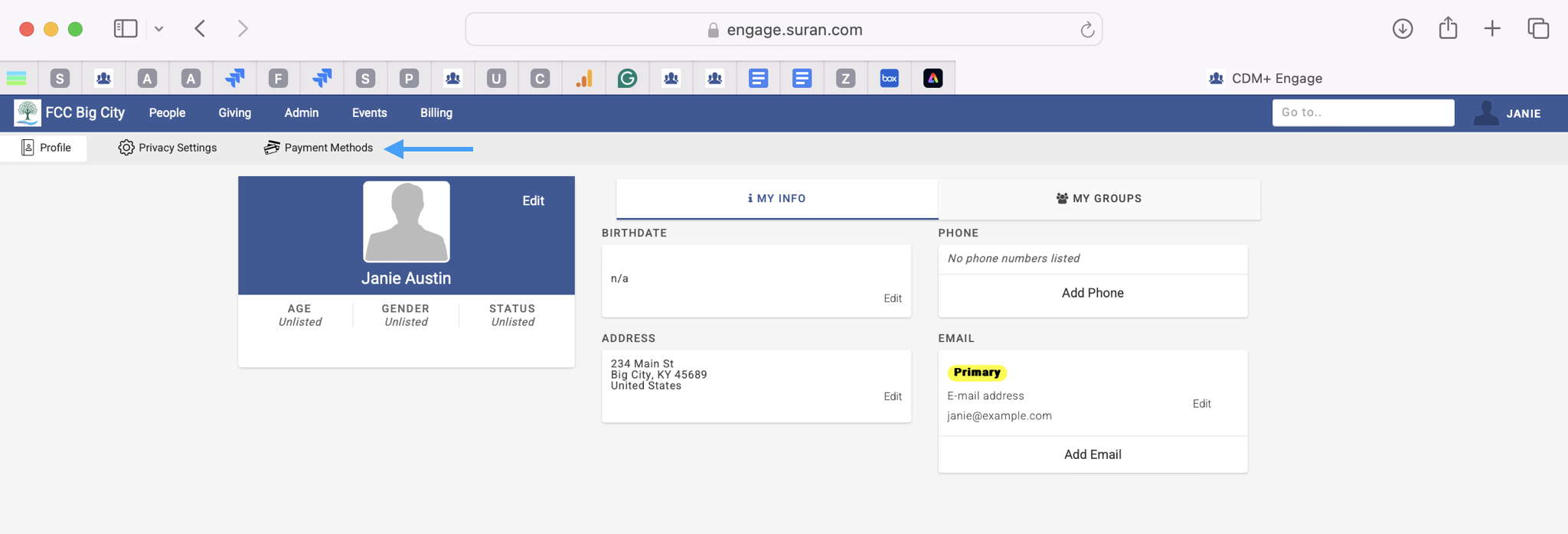 Picture of Engage's homepage with an arrow pointing to the Payment Method sub-menu