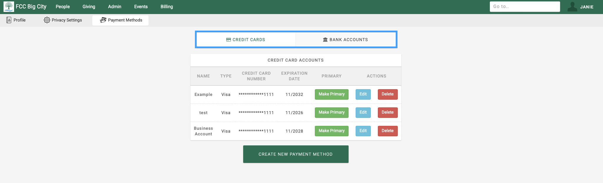 Picture highlighting the Credit Card and Bank Accounts tabs