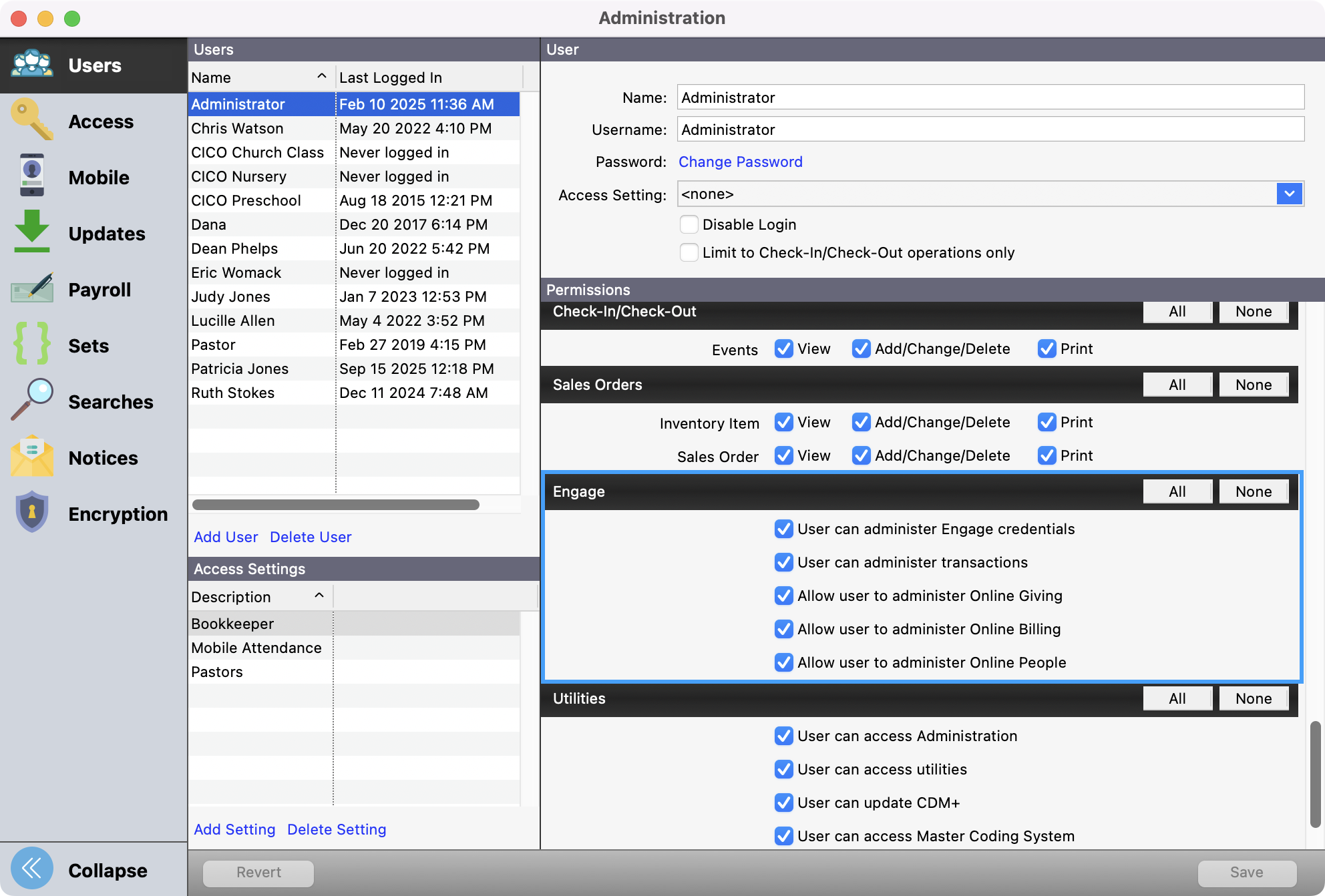 Administration window with the Engage section highlighted. 