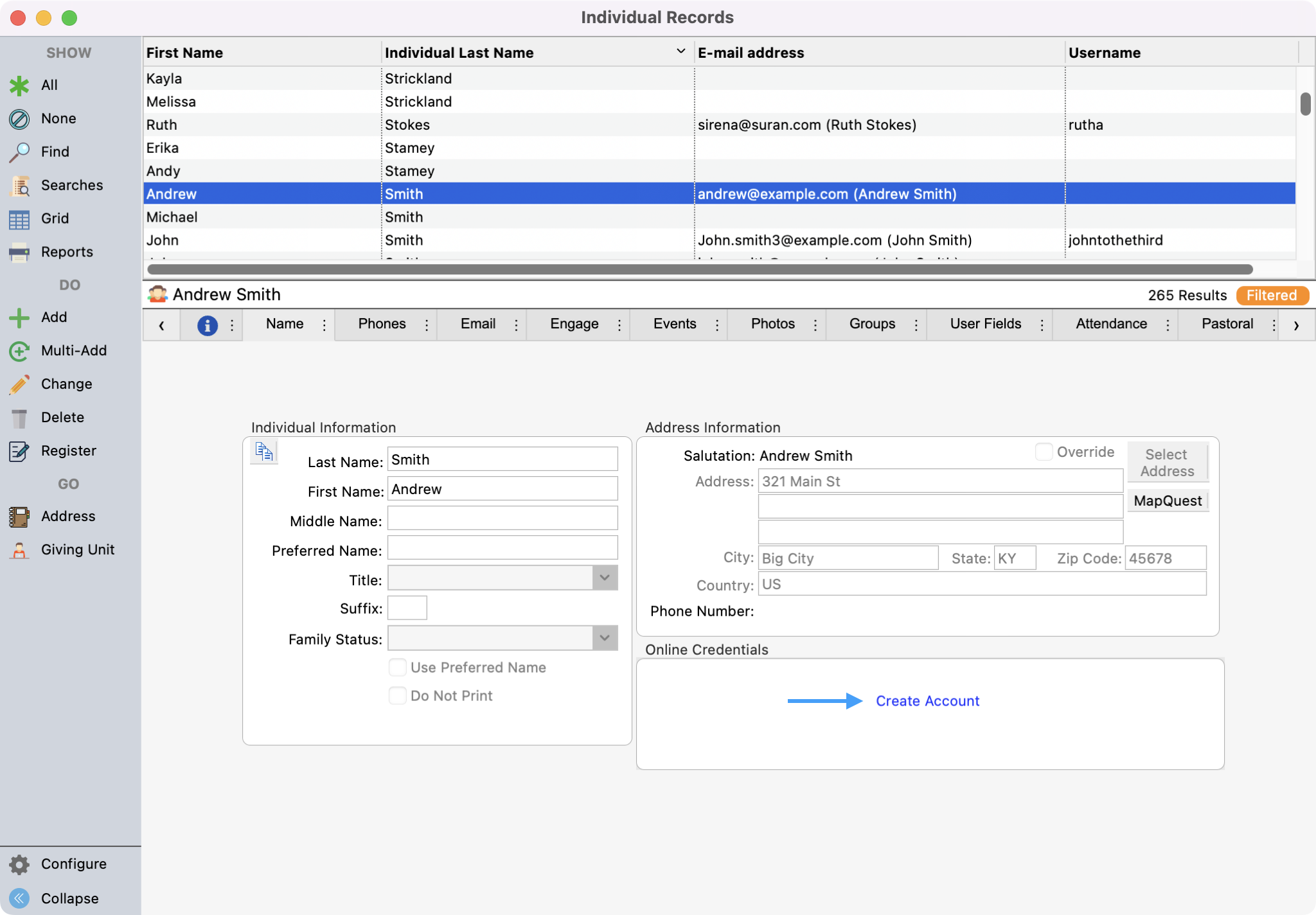 Individual Records with a record selected and an arrow pointing to Create Account.