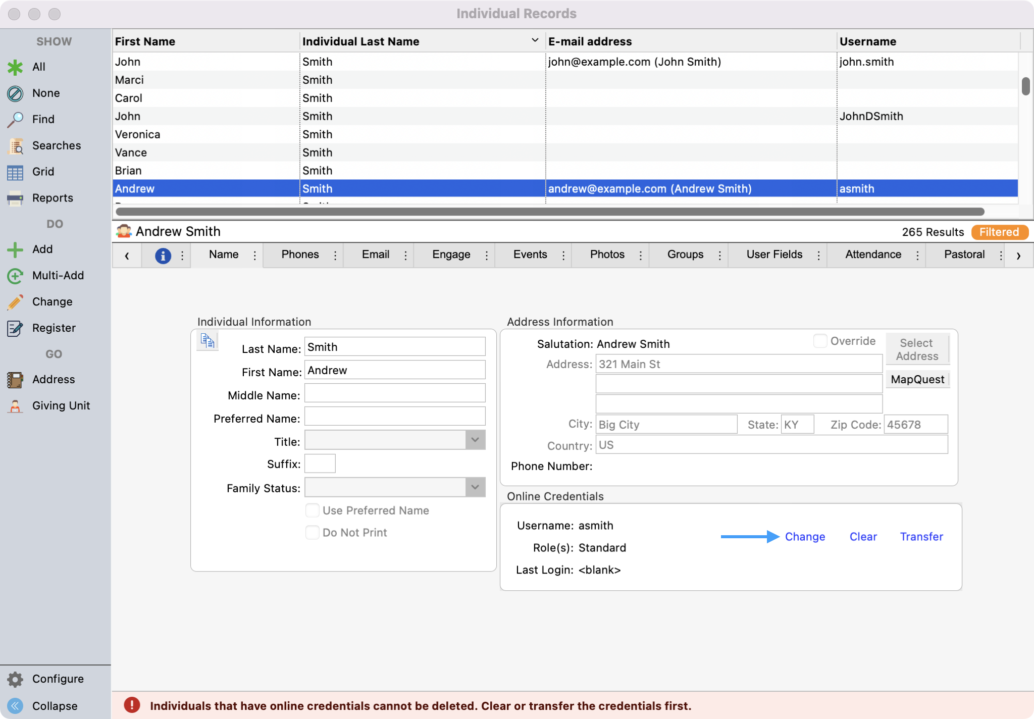 Individual Records window with a record selected and an arrow pointing to change.