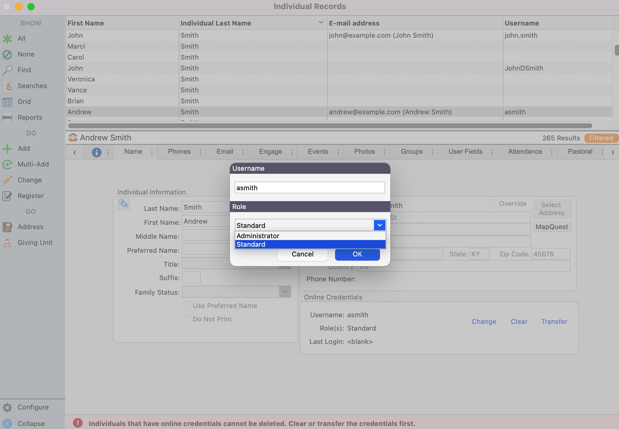 Username pop-up with the Role drop-down field open. 