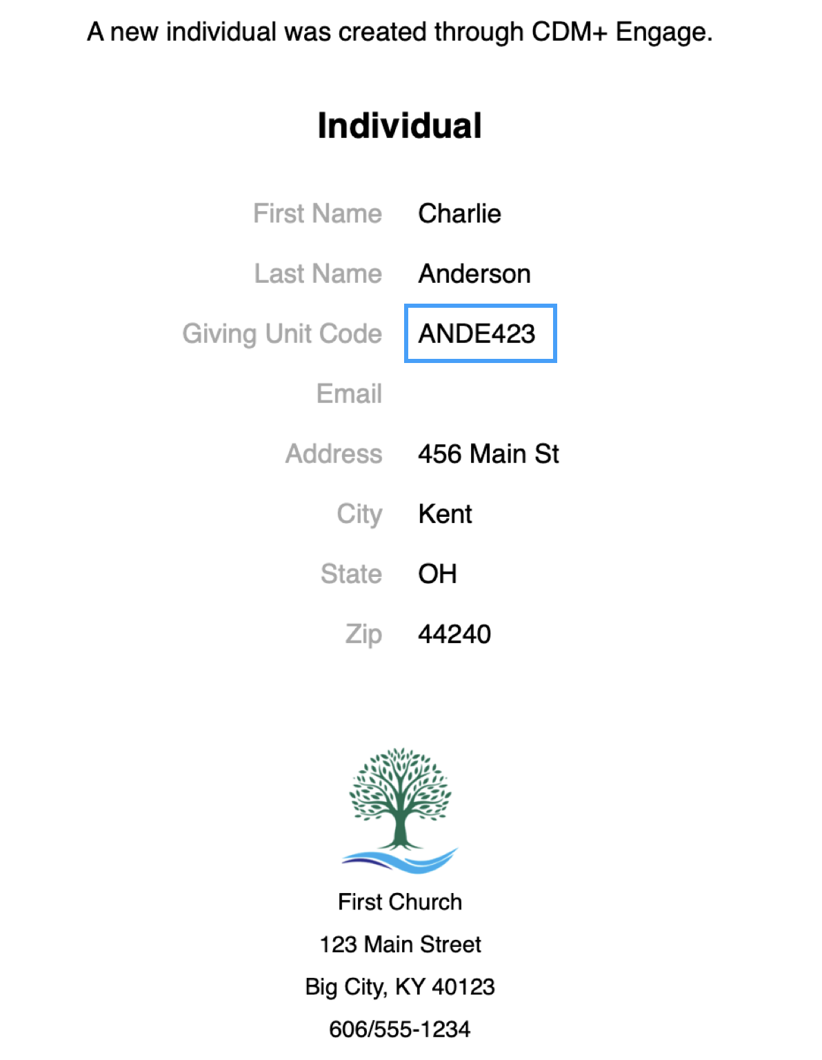 Email Notification of a new Engage account with their Giving Unit Code highlighted.