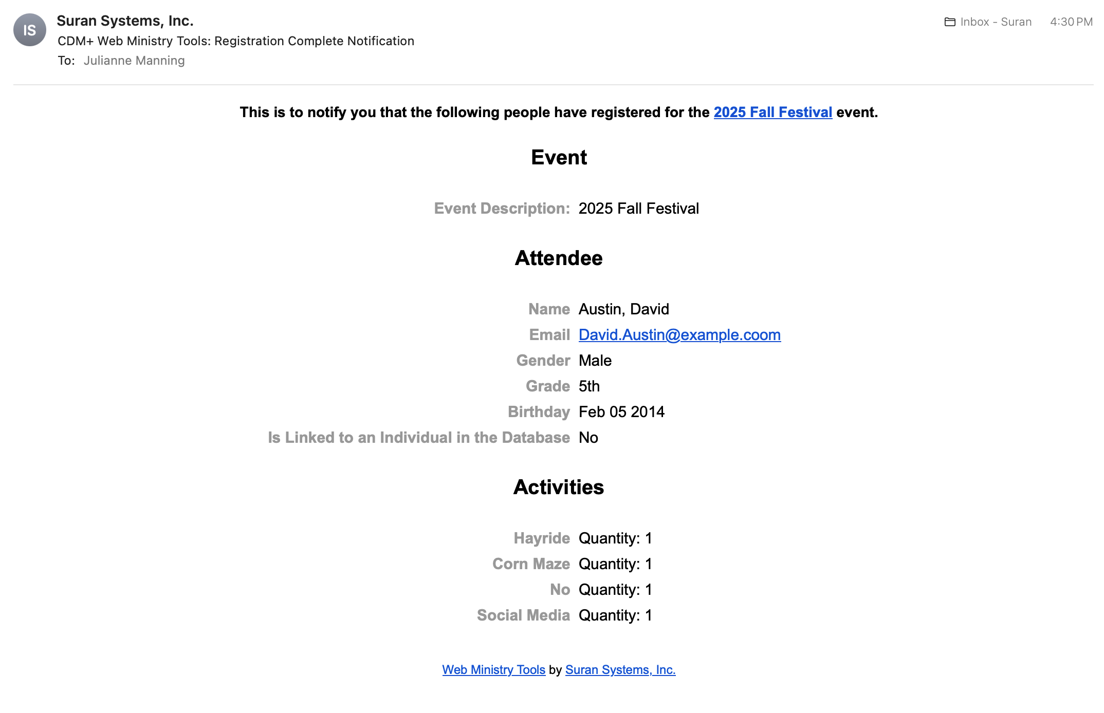 Example of Staff Notification Email