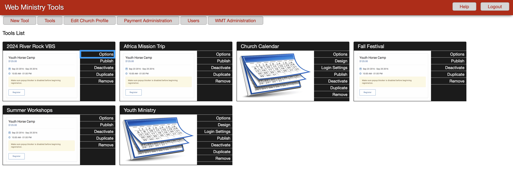 Web Ministry Tools Homepage with Options highlighted on one of the tools.