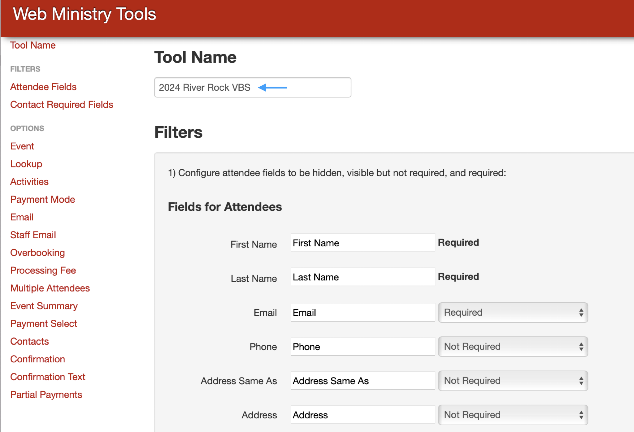 Web Ministry Tools Option page with an arrow pointing to the Tool Name field.