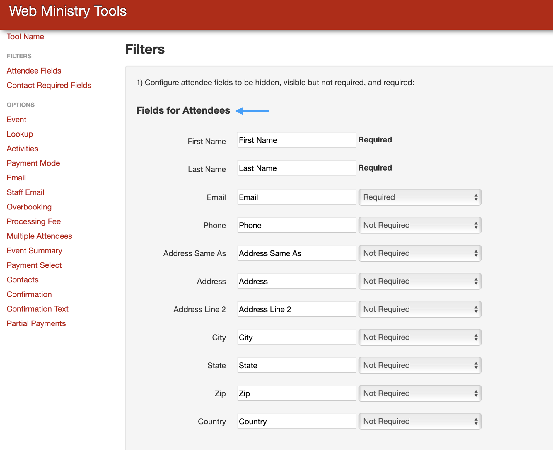 Web Ministry Tools Option page with an arrow pointing to the Filters section.