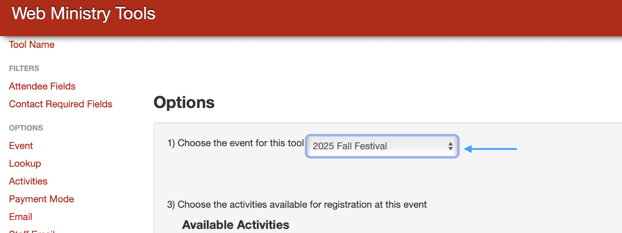 Web Ministry Tools Option page with an arrow pointing to the drop-down field next to Options.