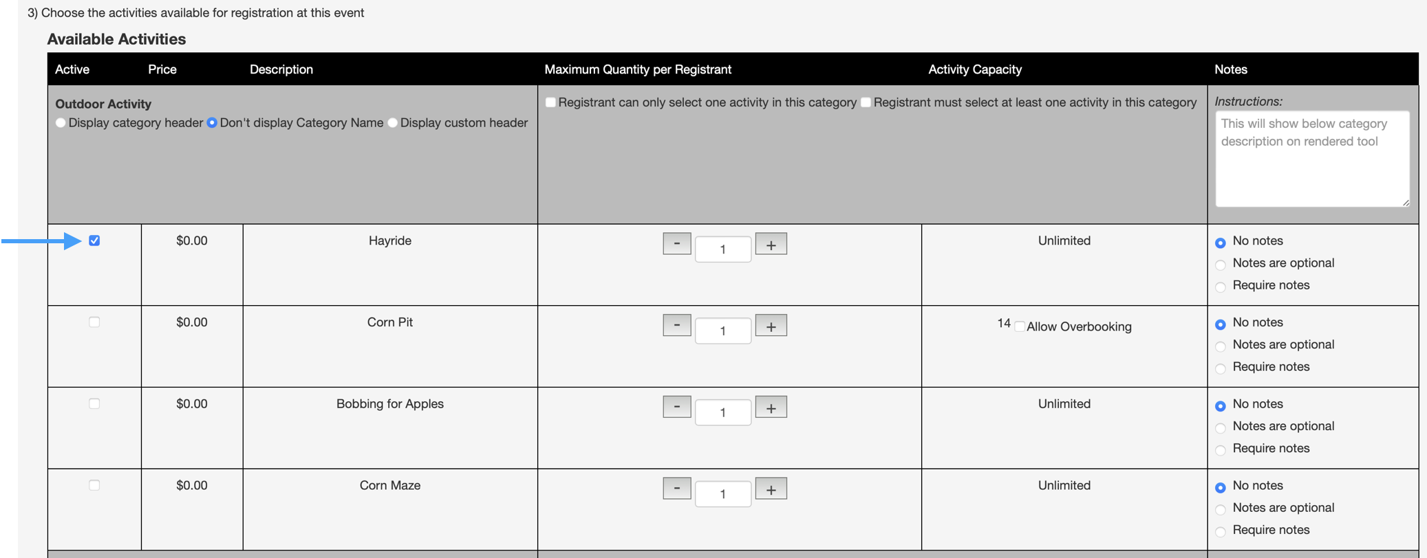 Event Activity section with an arrow pointing to the activity checkbox.
