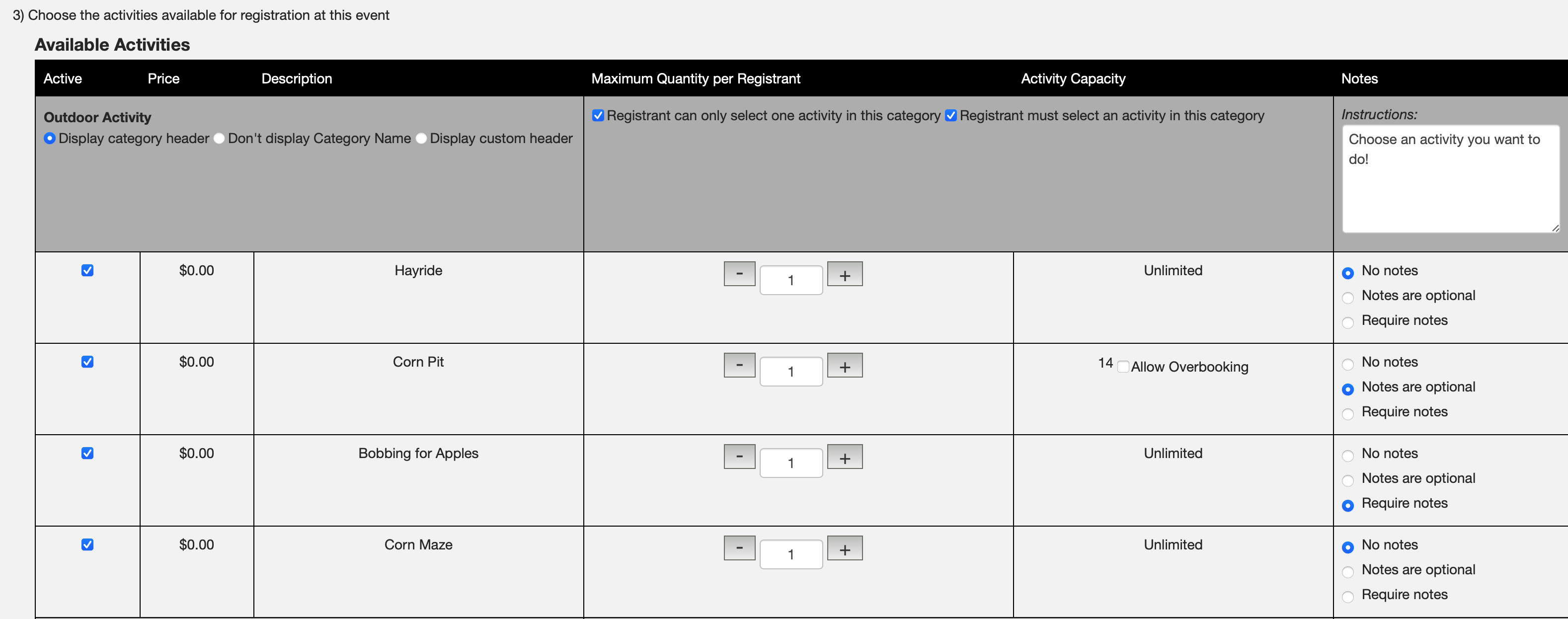 Activity section of the Options page for Single Event Registration.