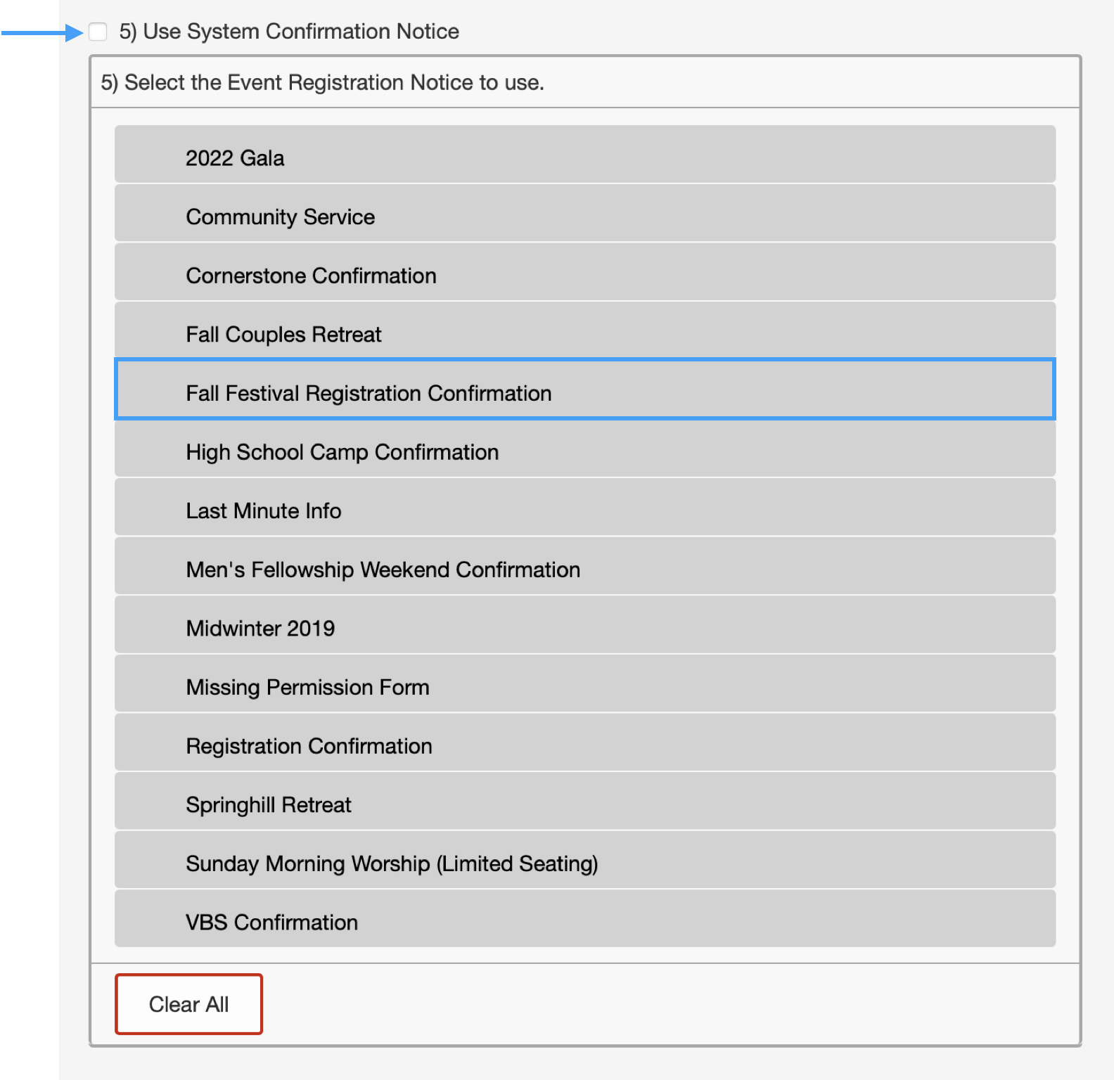 Event Notice options with an arrow pointing to the system confirmation notice checkbox and a notice option highlighted.