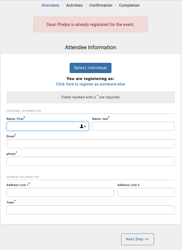 Registration page warning that the individual has already registered for this event.