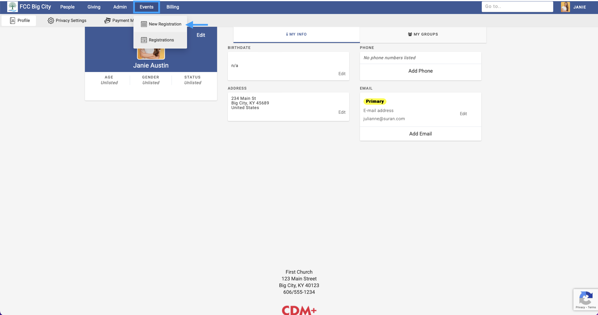Engage homepage with Events menu highlighted and an arrow pointing to New Registration.