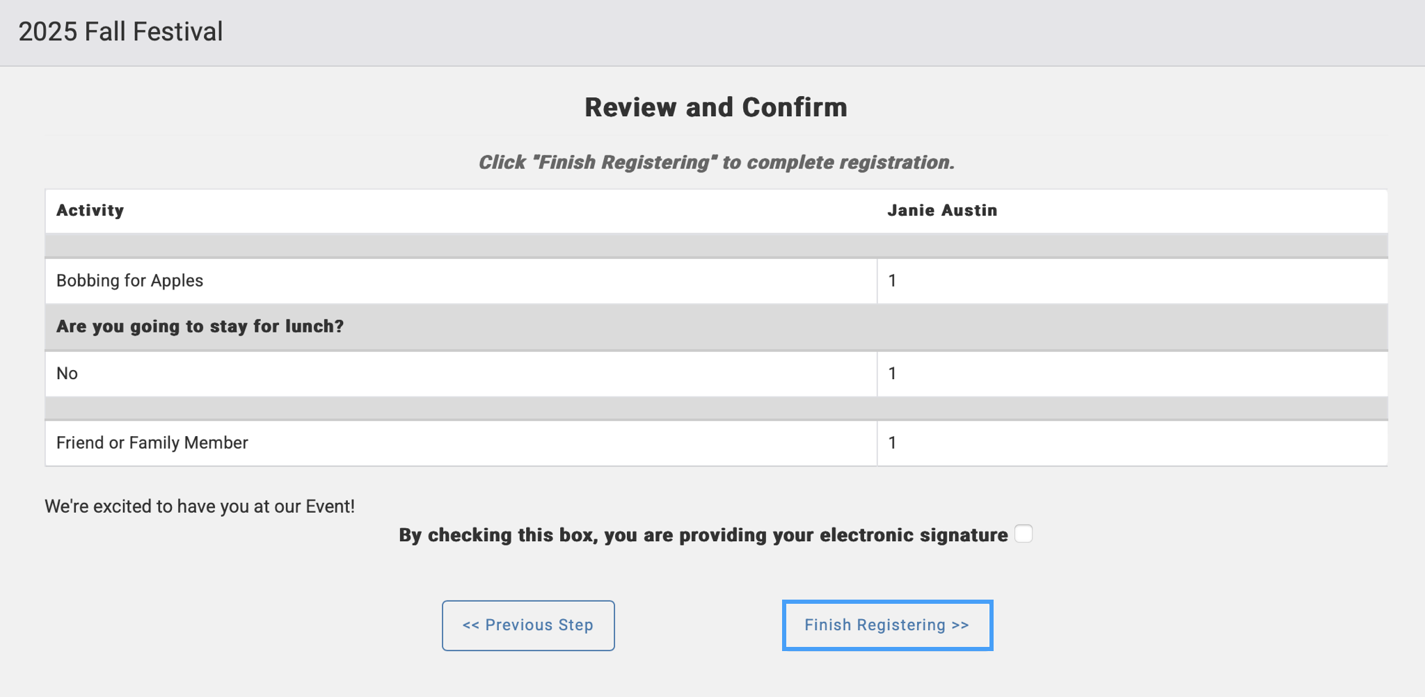 Registration form with Finish Registering button highlighted. 