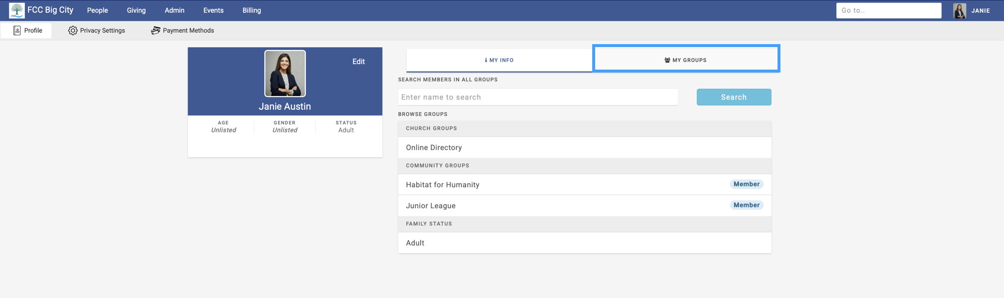 Engage Profile with the My Groups highlighted