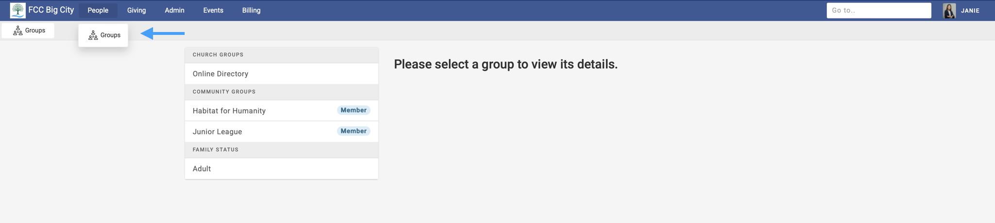 Engage page with the navigation to groups highlighted.