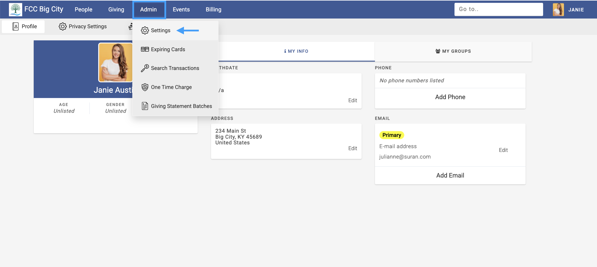 Engage home page with Admin highlighted in the top menu and an arrow pointing to settings.