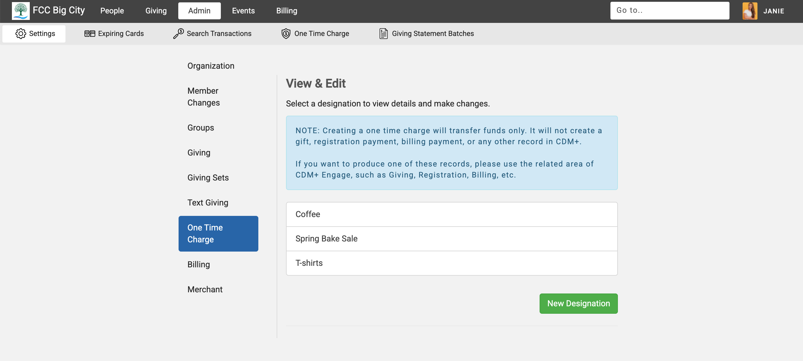 Engage Settings menu with One-Time Charge selected in the left sidebar.