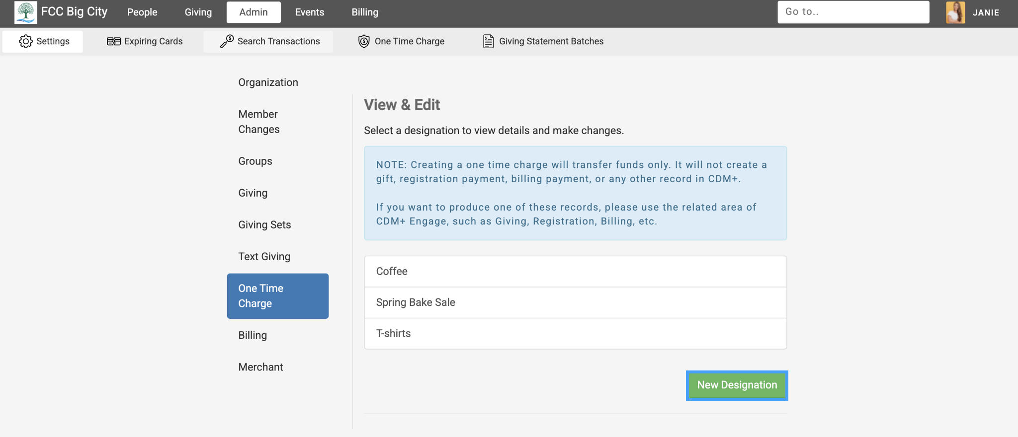 One-Time Charge menu with new Designation highlighted.