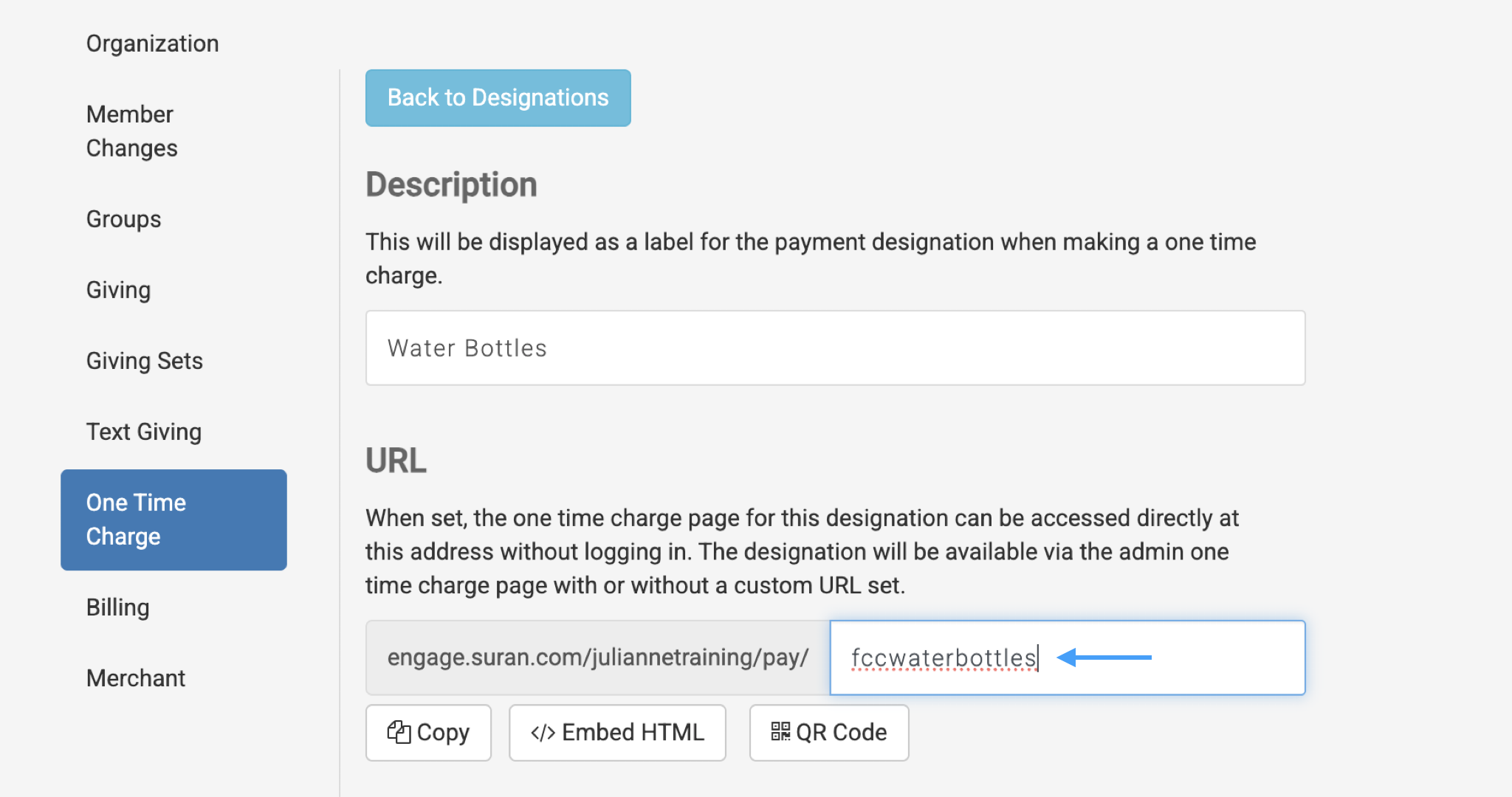 An arrow pointing to the custom URl.