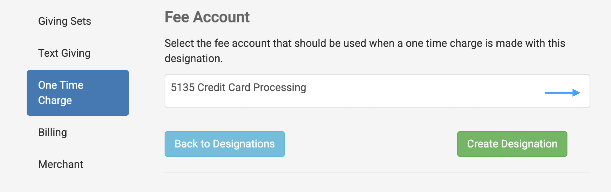 An arrowing pointing to the fee account selection.
