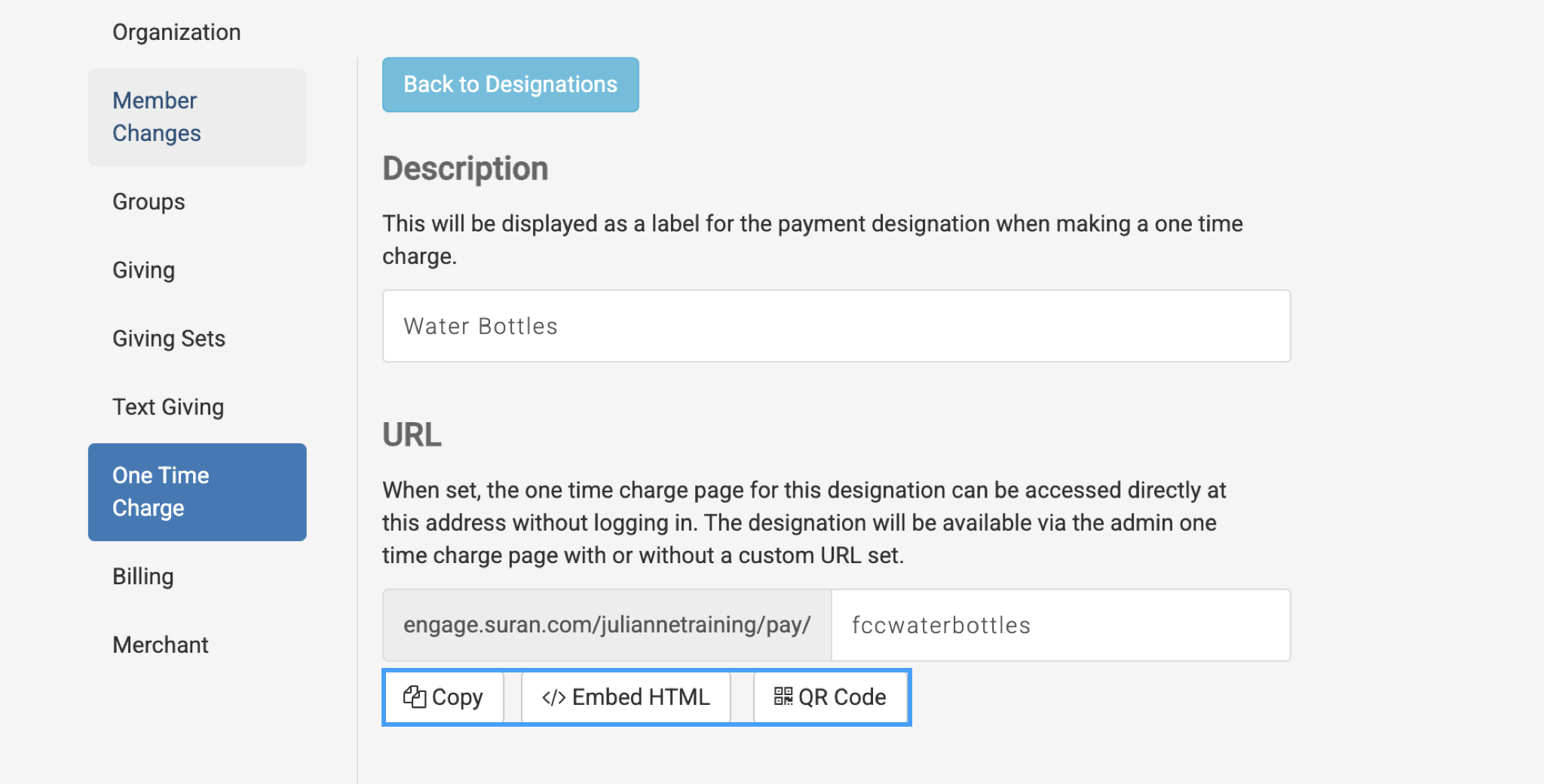 The share options for the One-time Charge URL highlighted.