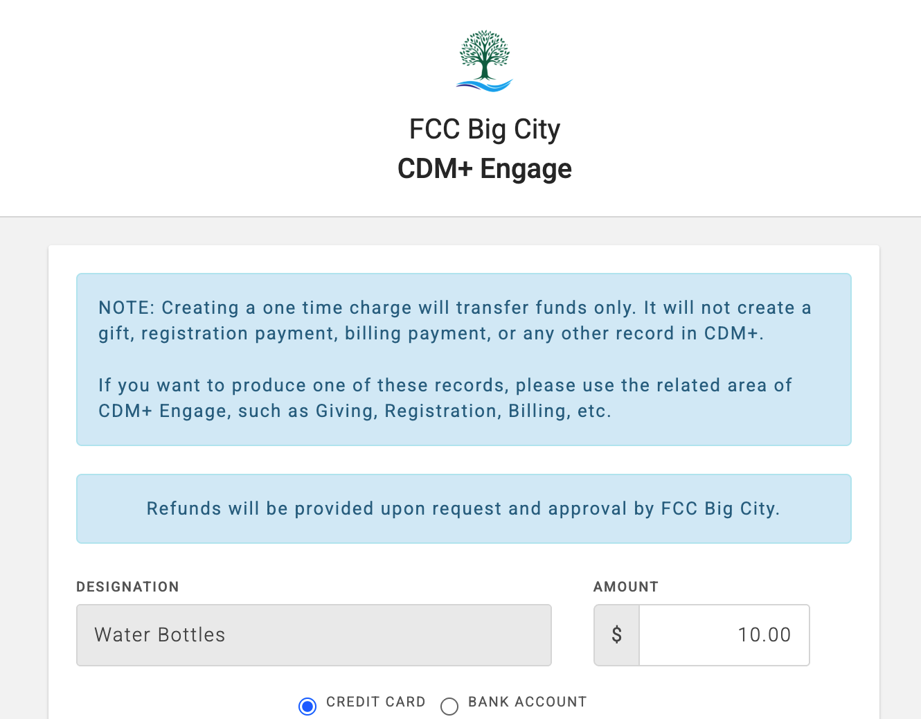 One-time form charge with the amount field showing.
