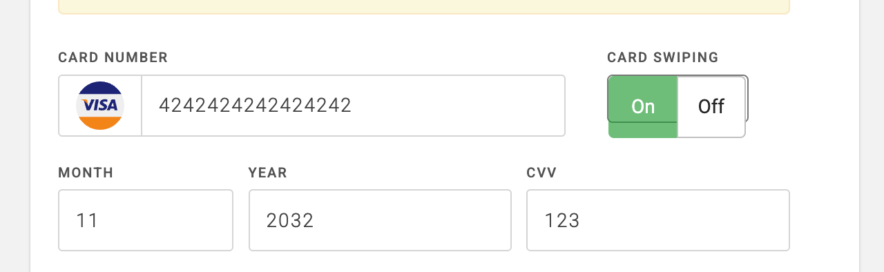 Credit Card entry fields on one-time charge form. 