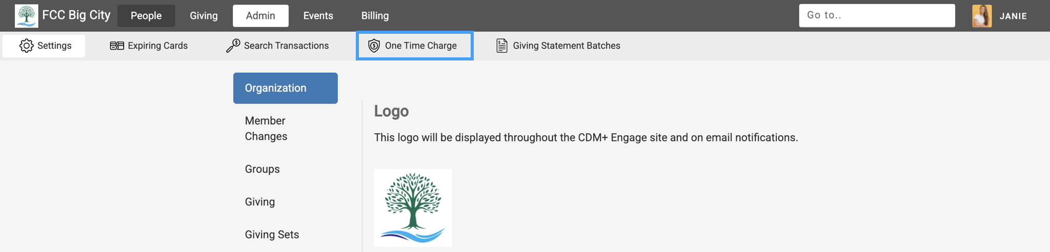 Engage Admin settings menu with One-Time Charge highlighted.