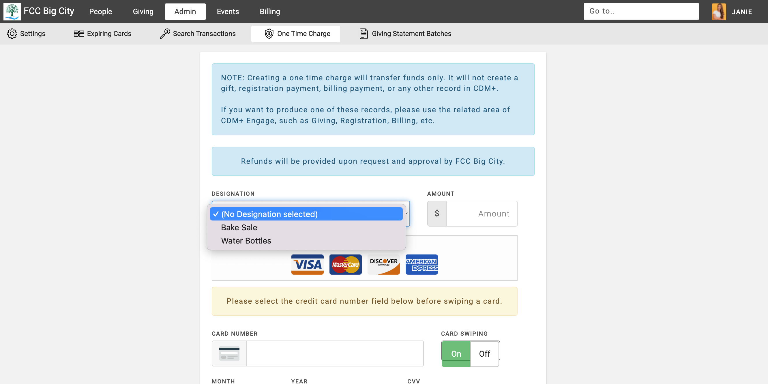 Admin one-time charge form with the drop-down for selecting a designation.