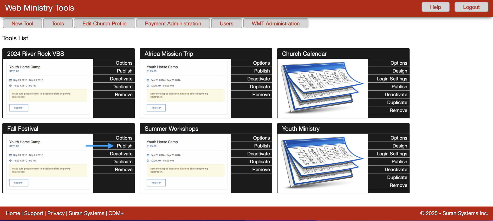 Web Ministry Tools, Tool List page with an arrow pointing to the publish option. 