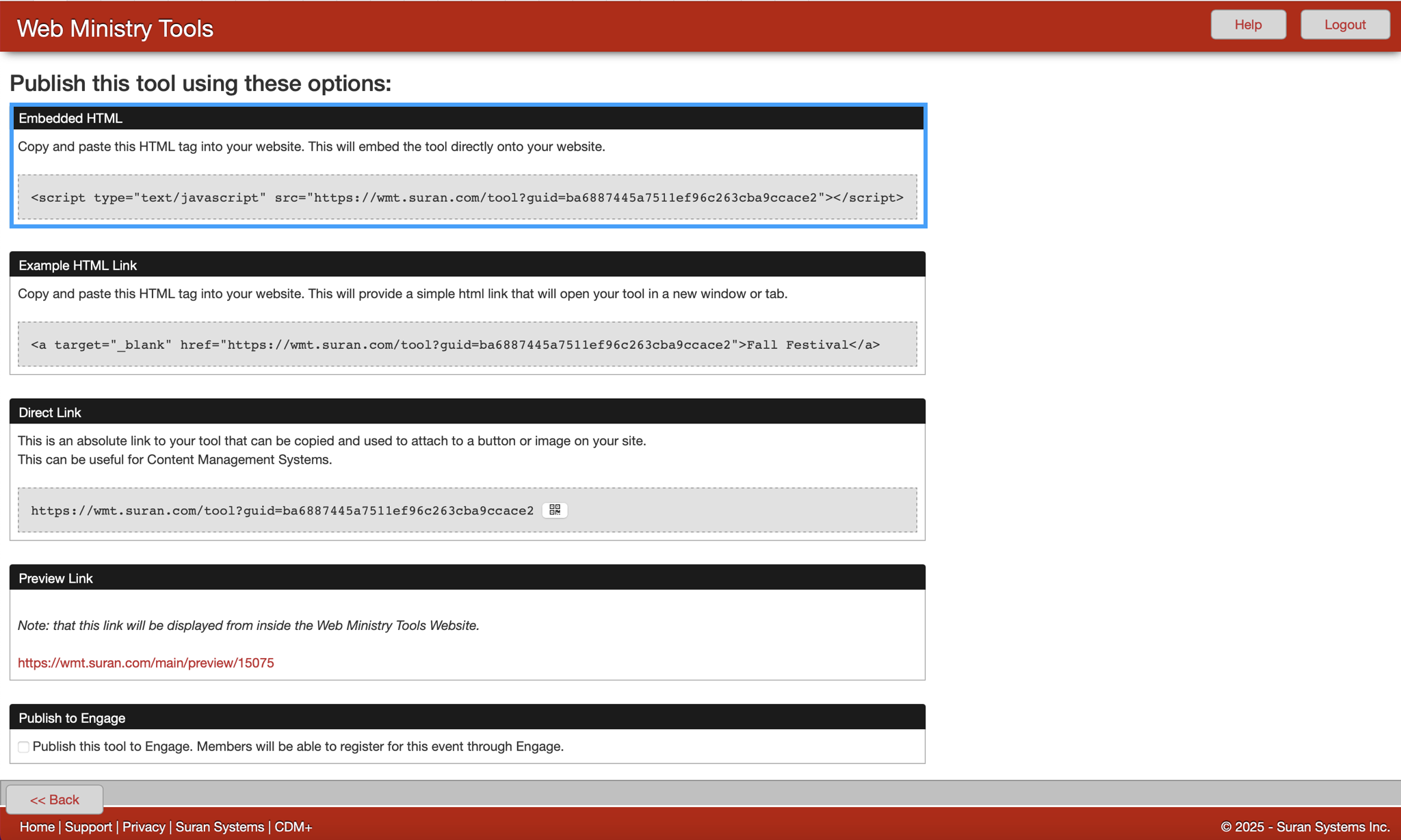 Web Ministry Tools publish options with the Embedded HMTL link option highlighted. 