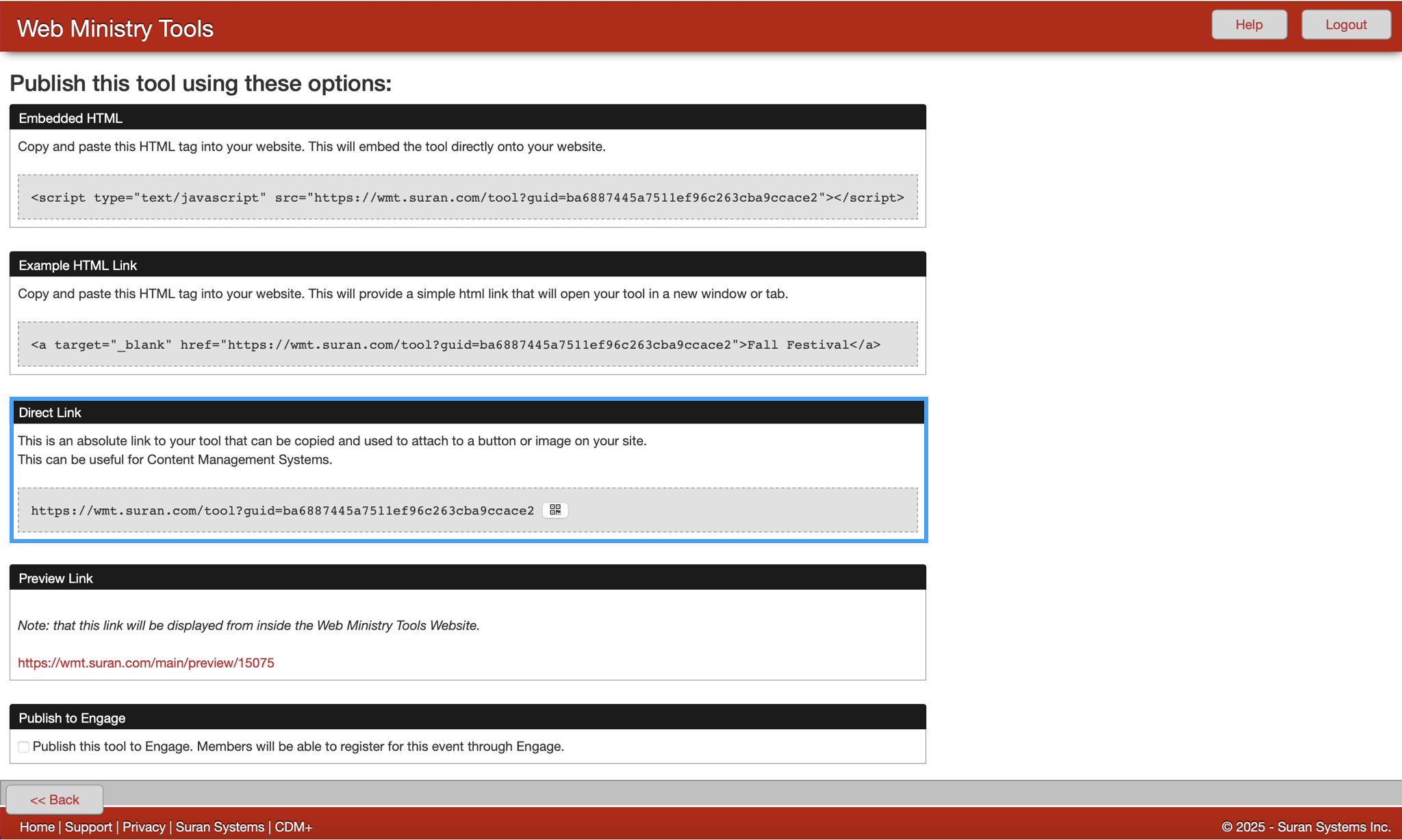 Web Ministry Tools publish options with the direct link option highlighted. 