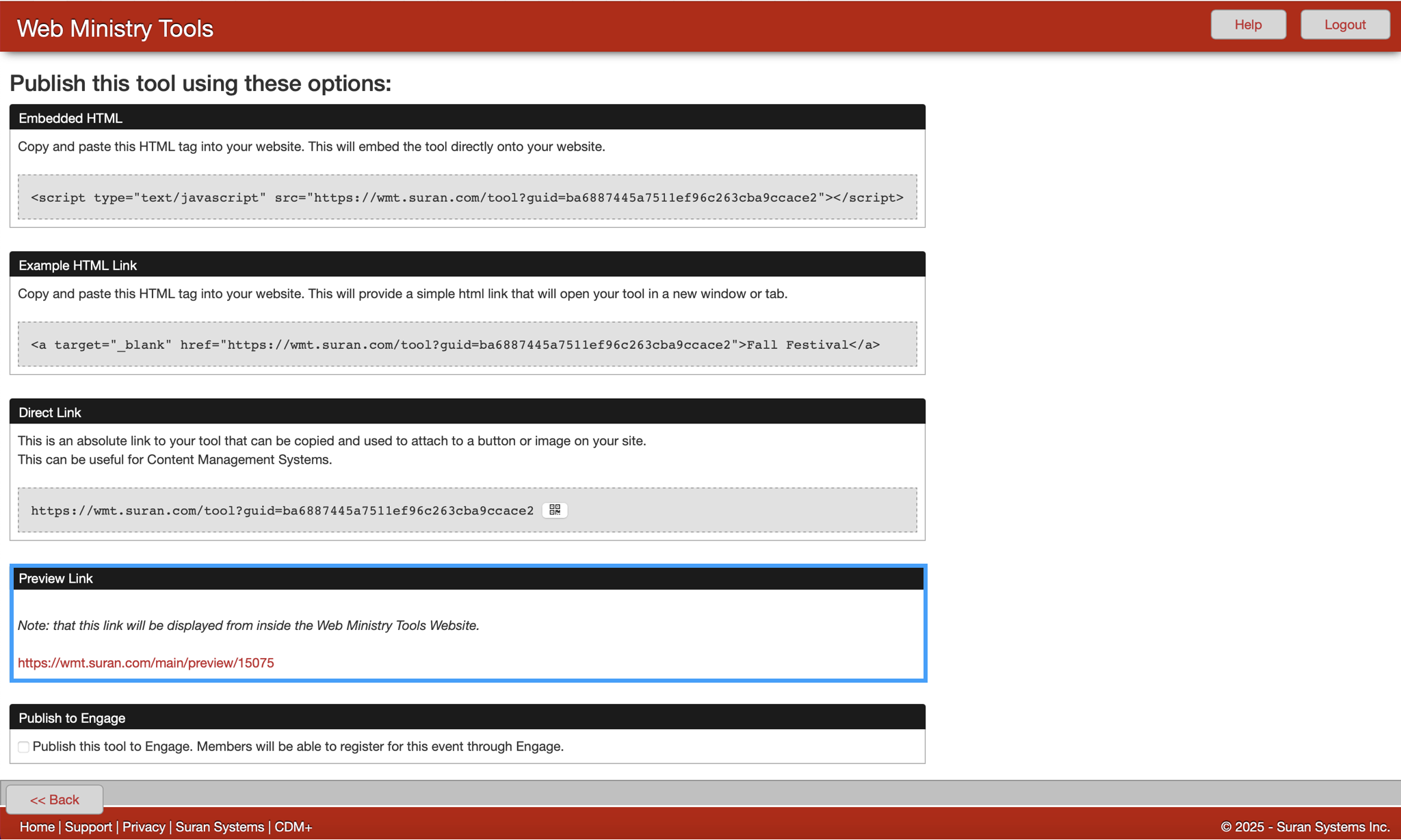 Web Ministry Tools publish page with the preview option highlighted.