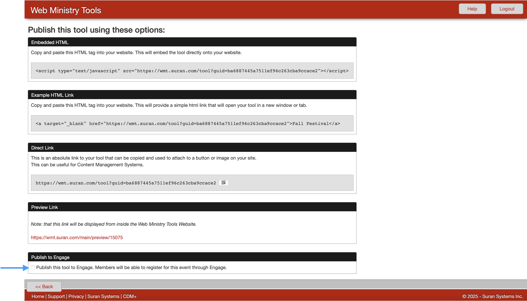 Web Ministry Tools publish page with an arrow pointing to the option to publish the tool to Engage.
