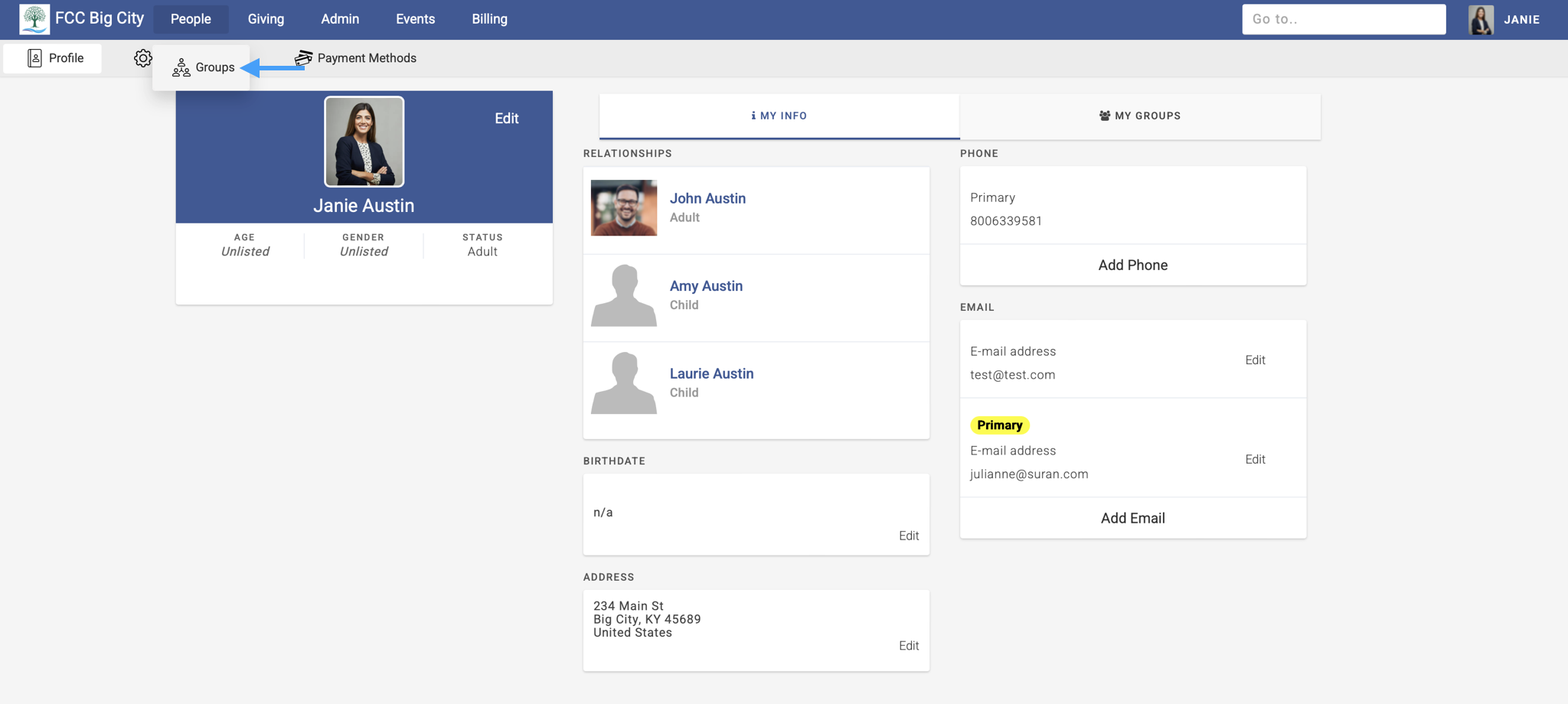 Engage with an arrow pointing to groups under the people submenu.