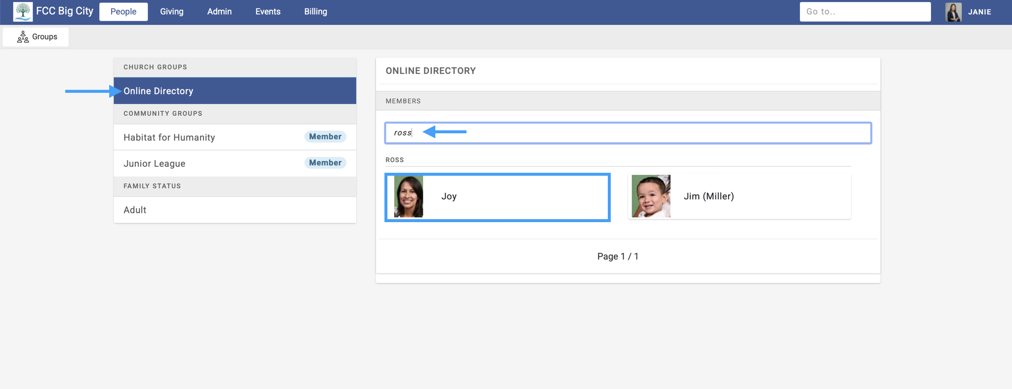Engage Group page with an arrow pointing to the name of the group on the right, an arrow pointing to the search option in the middle, and an individual record highlighted.