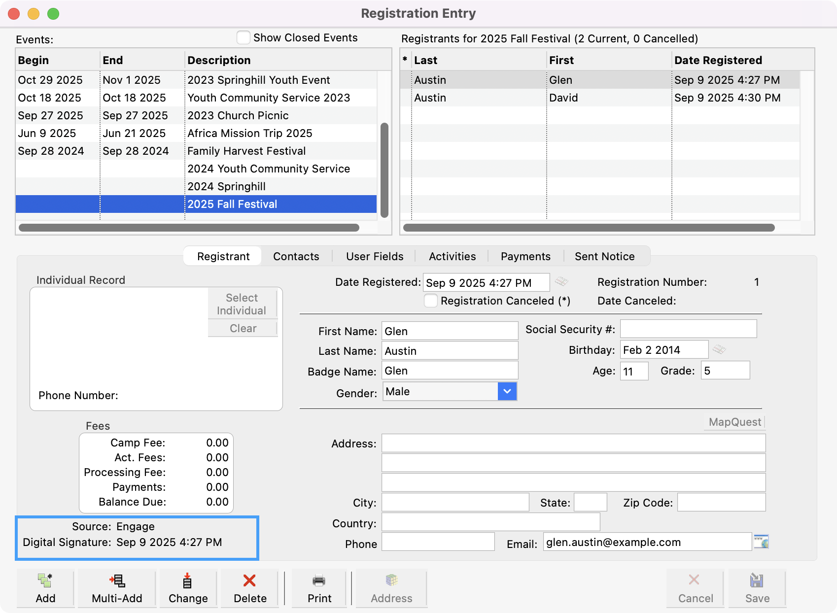 Registration Entry window with the source of the registrant highlighted.