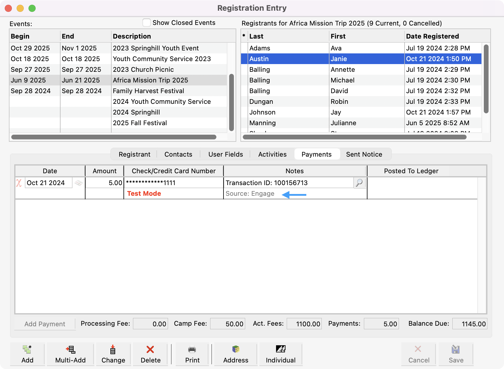 Registration Entry Window under the Payment tab with an arrow pointing to the source. 
